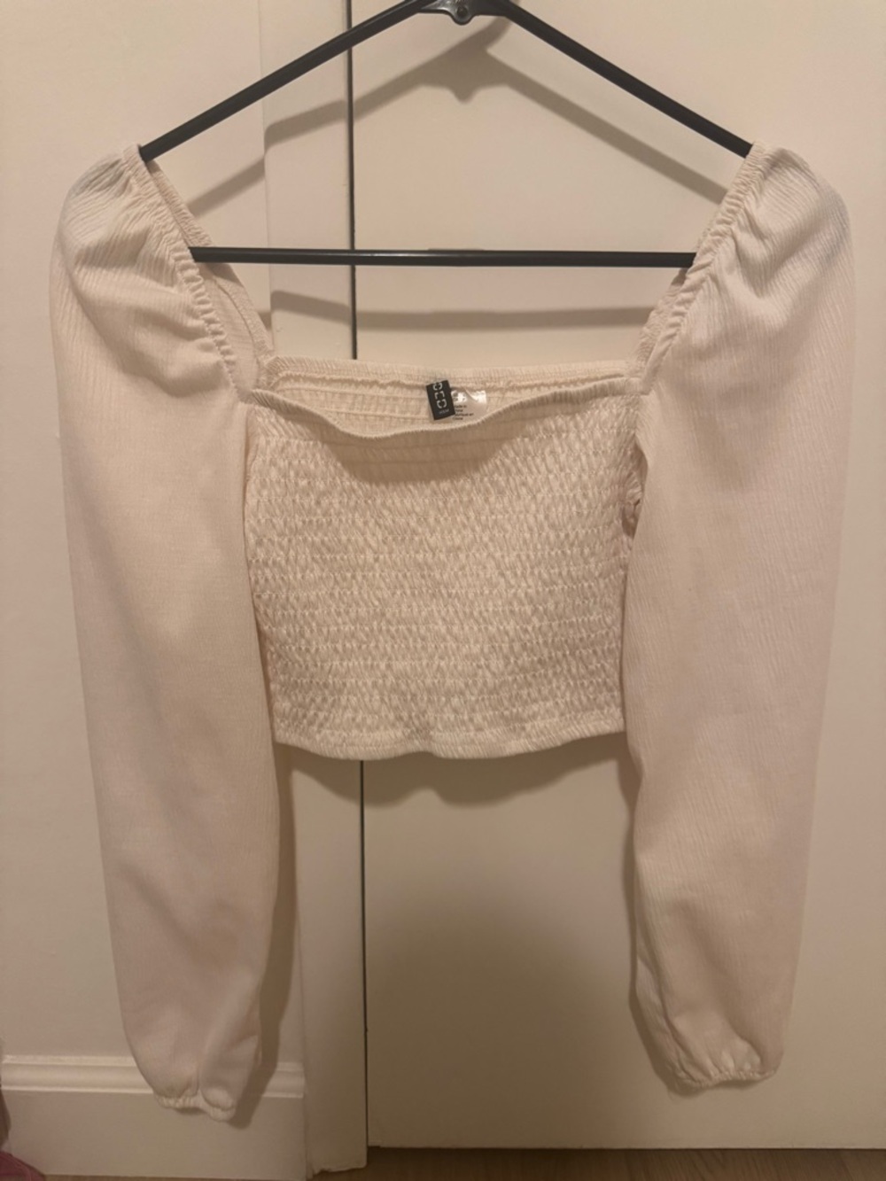 Smocked Long Sleeve Cropped Top - White